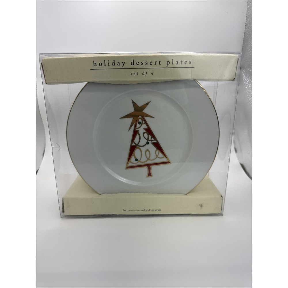 Pier 1 Christmas Tree Salad Dessert Plates Red‎ Green Gold Trim 7.5" Set Of 4